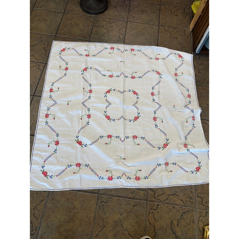 Vintage 48" Embroidered Tablecloth